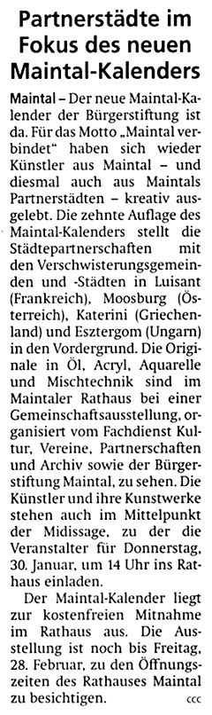 Artikel „Partnerstädte im Fokus des neuen Maintal-Kalenders“, erschienen am 16.01.2020 im Maintal Tagesanzeiger